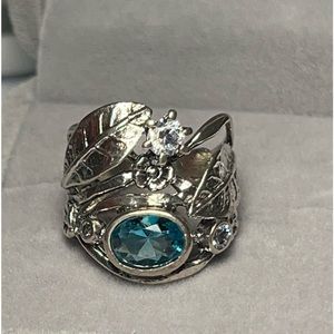 Blue and white CZ flower band ring size 6 925 Sterling silver